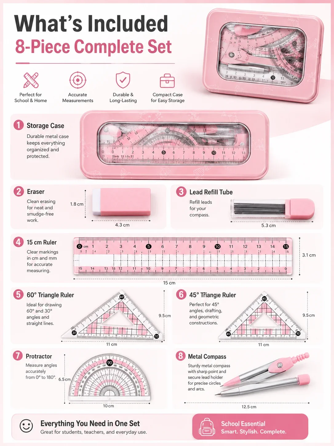 ชุดเครื่องมือเรขาคณิต 8 ชิ้นสำ - Math Geometry Set With Compass บทวิจารณ์และราคา